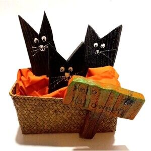 Basket Black Kittens Halloween Decoration Fall Handmade Boho Cottage Farmhouse